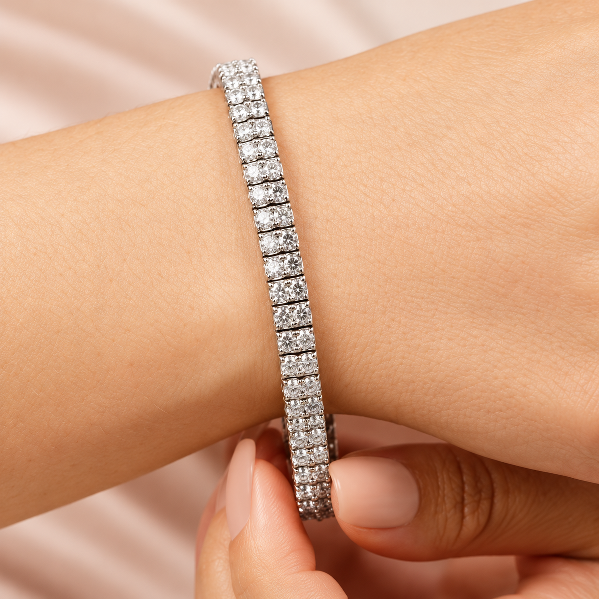 Two Row Diamond Tennis Bracelet, lab grown diamonds in 925 silver, worn on wrist