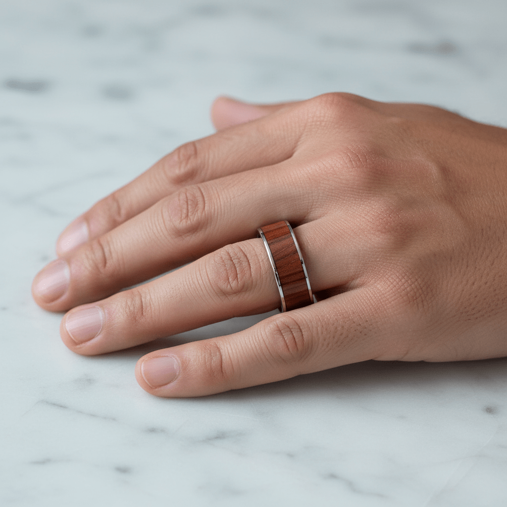 Padauk Wood inlay 14k yellow gold wedding band 8mm, additional view 7