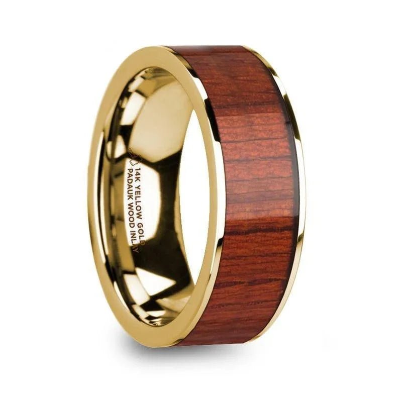 Padauk Wood inlay 14k yellow gold wedding band 8mm, angled view