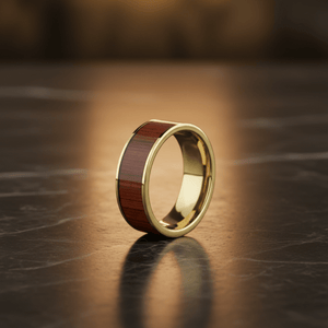 Padauk Wood inlay 14k yellow gold wedding band 8mm, side profile