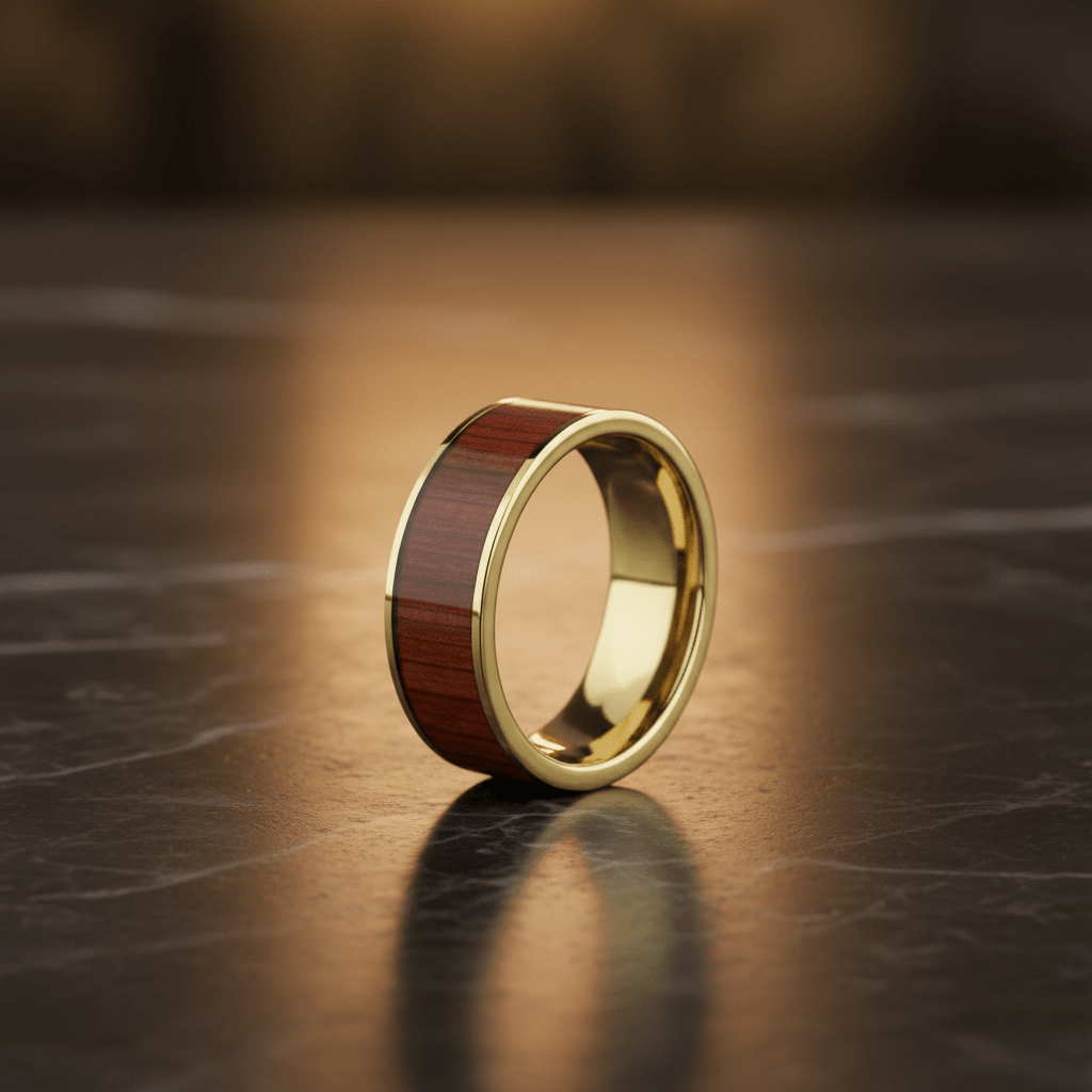 Padauk Wood inlay 14k yellow gold wedding band 8mm, side profile