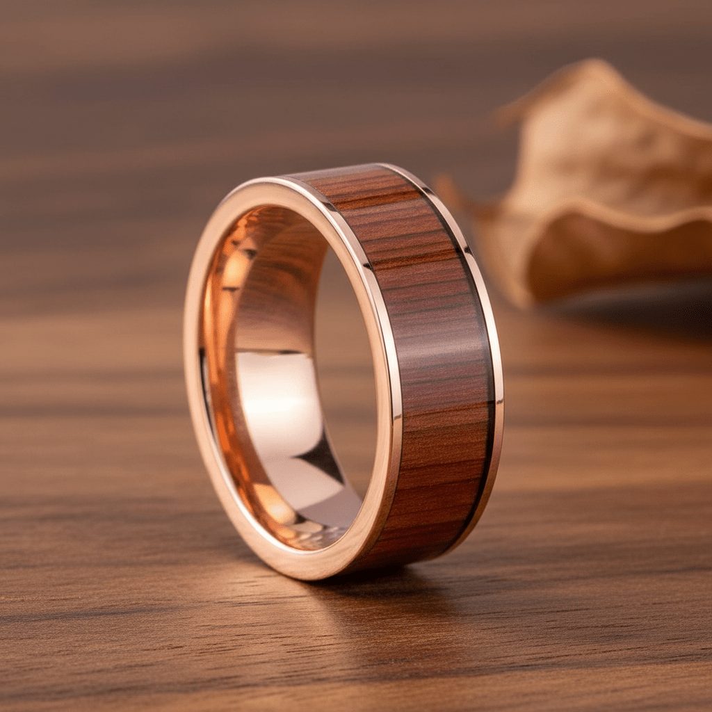 Padauk Wood inlay 14k yellow gold wedding band 8mm, additional view 9