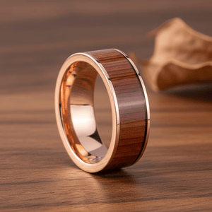 Padauk Wood inlay 14k yellow gold wedding band 8mm, additional view 9