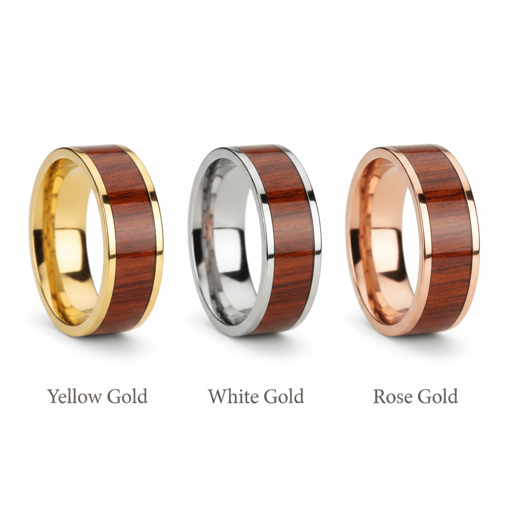 Padauk Wood inlay 14k yellow gold wedding band 8mm, top view