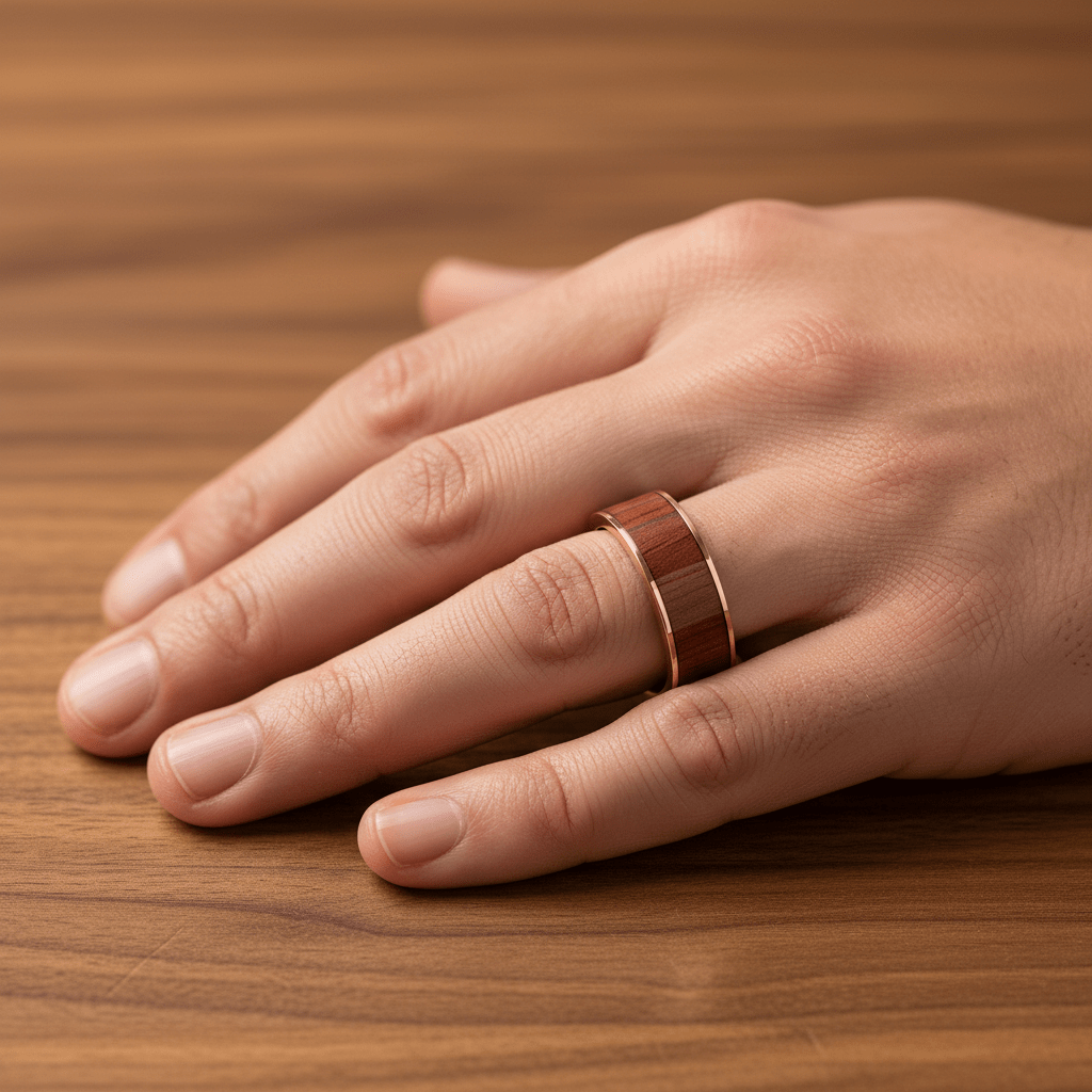 Padauk Wood inlay 14k yellow gold wedding band 8mm, additional view 10