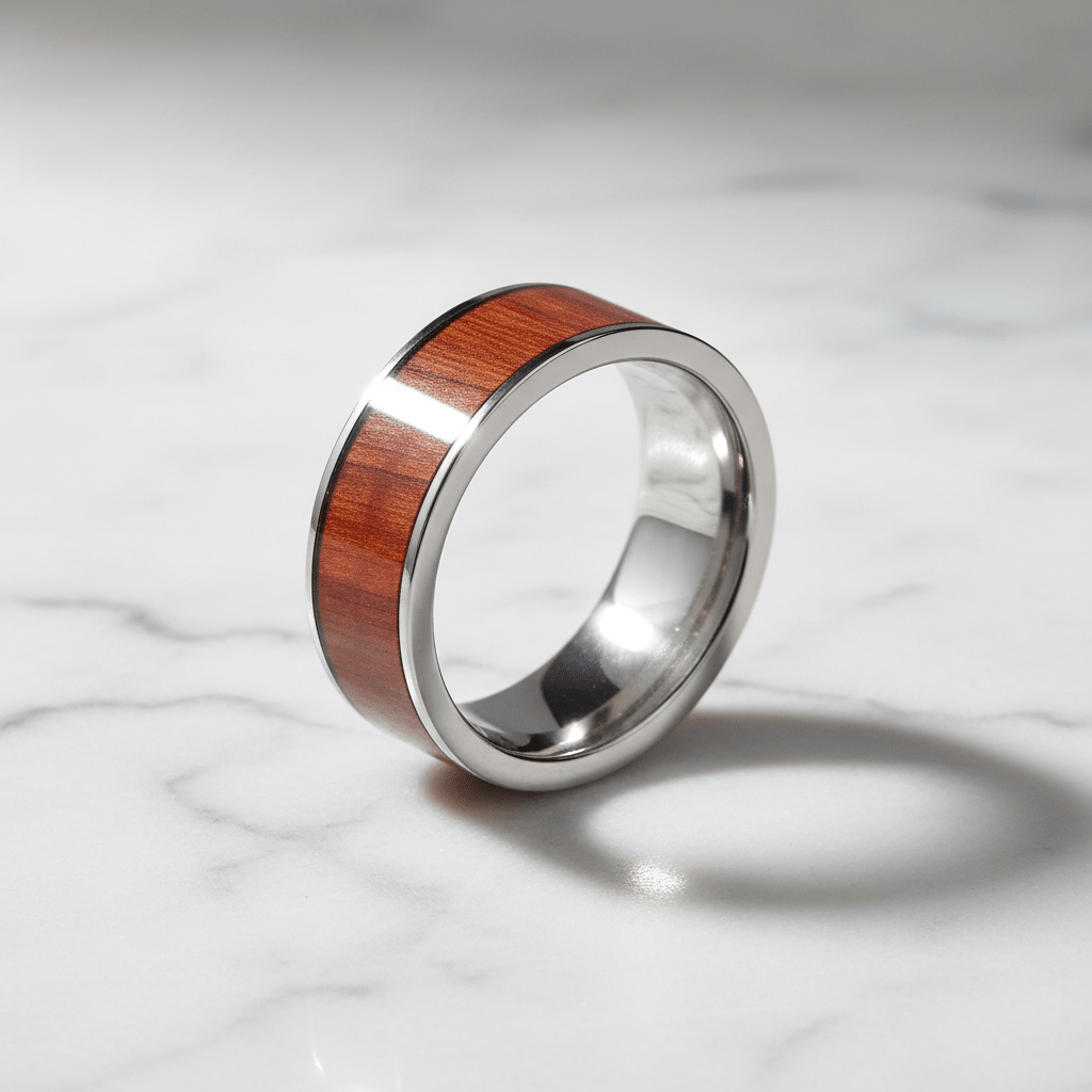 Padauk Wood inlay 14k yellow gold wedding band 8mm, additional view 6