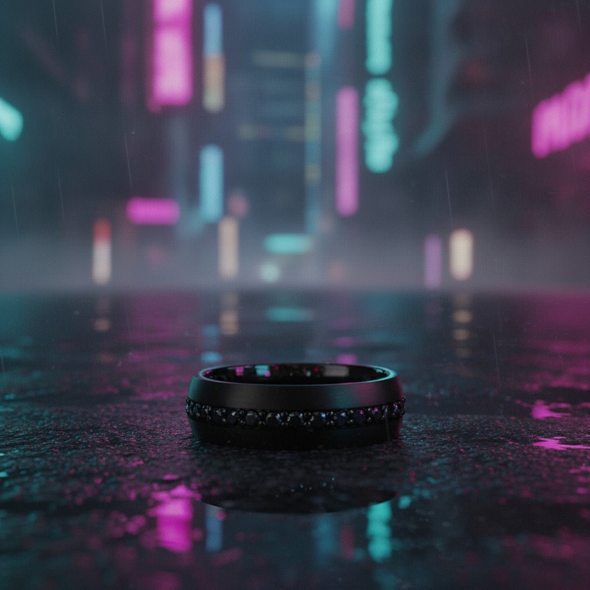 Aydins VALIANT | Black Tungsten Ring with Black Sapphires lifestyle scene, neon wet alley