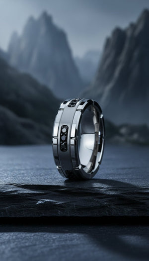 VALOR | Silver Tungsten Ring, Silver Inlay & Black Diamonds lifestyle photography