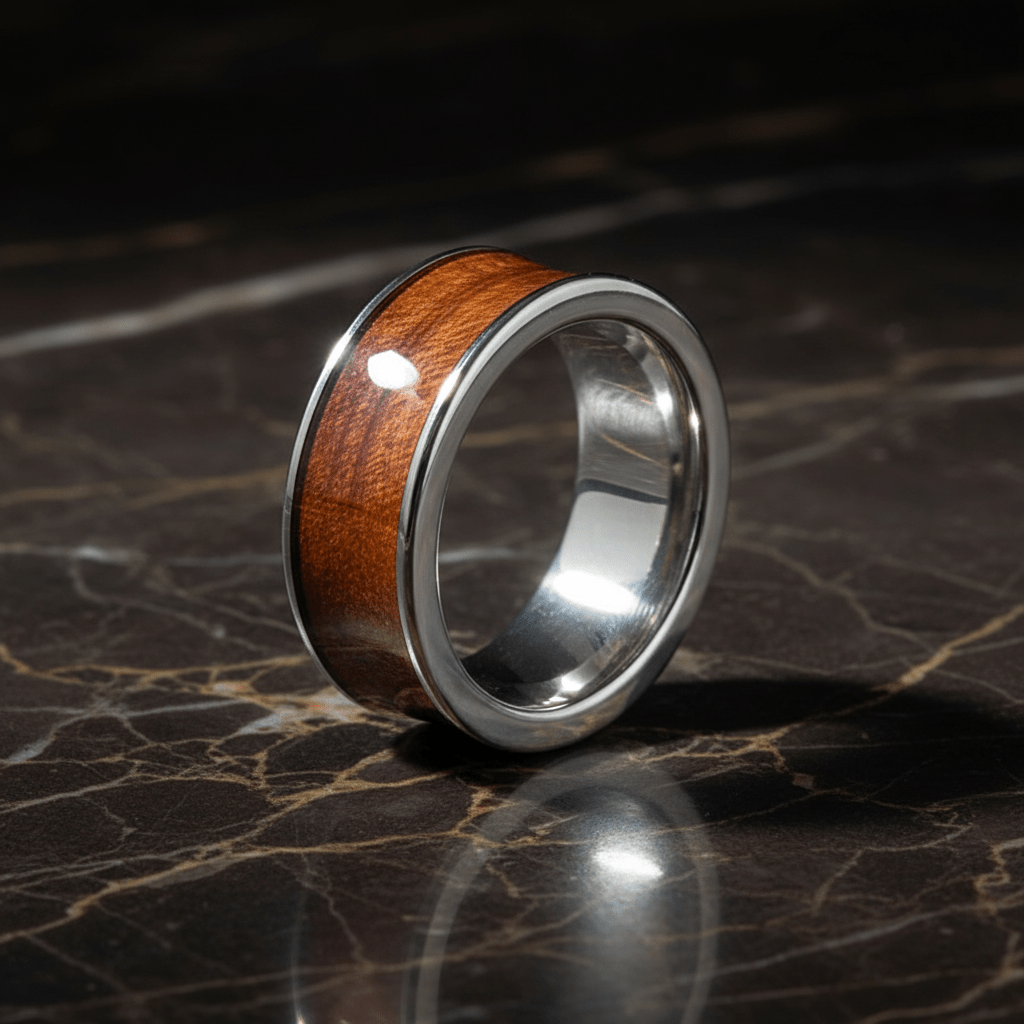 VANISH — Luxury 3/4 angle on dark marble — men's tungsten wedding ring.