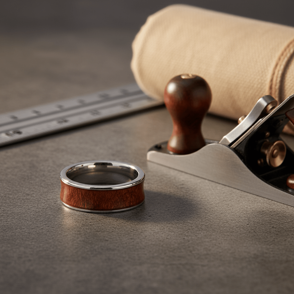 VANISH — Editorial masculine still life — men's tungsten wedding ring.