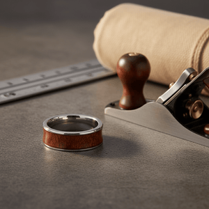 VANISH — Editorial masculine still life — men's tungsten wedding ring.