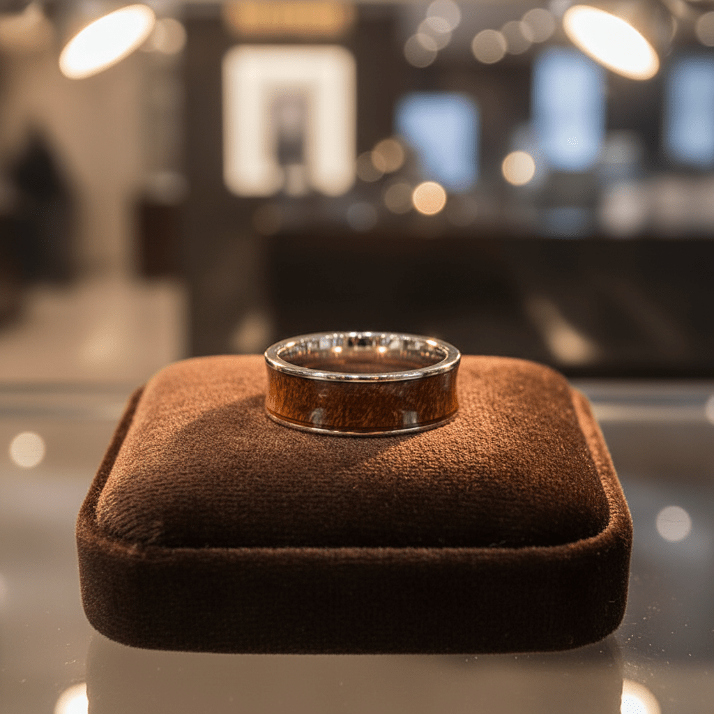 VANISH — Premium boutique display on velvet — men's tungsten wedding ring.