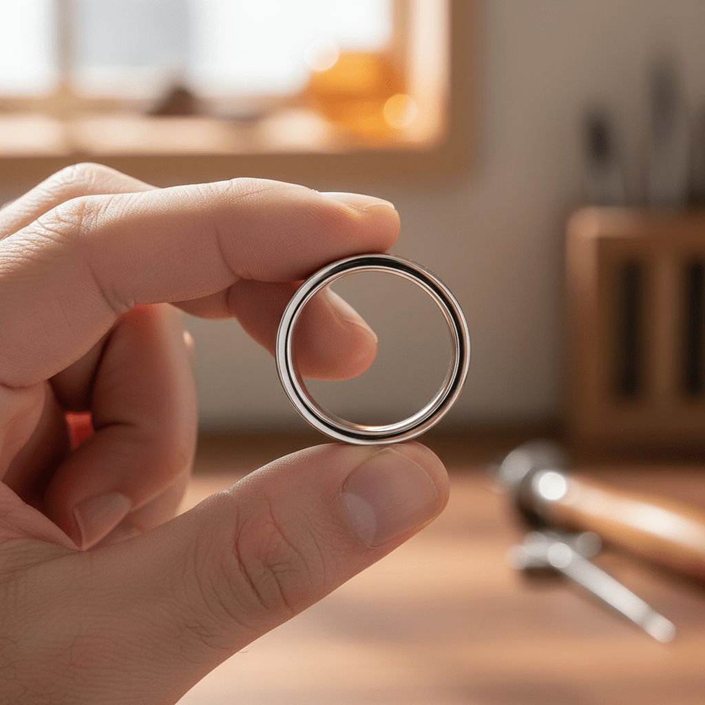 VANISH — Held between fingers close-up — men's tungsten wedding ring.