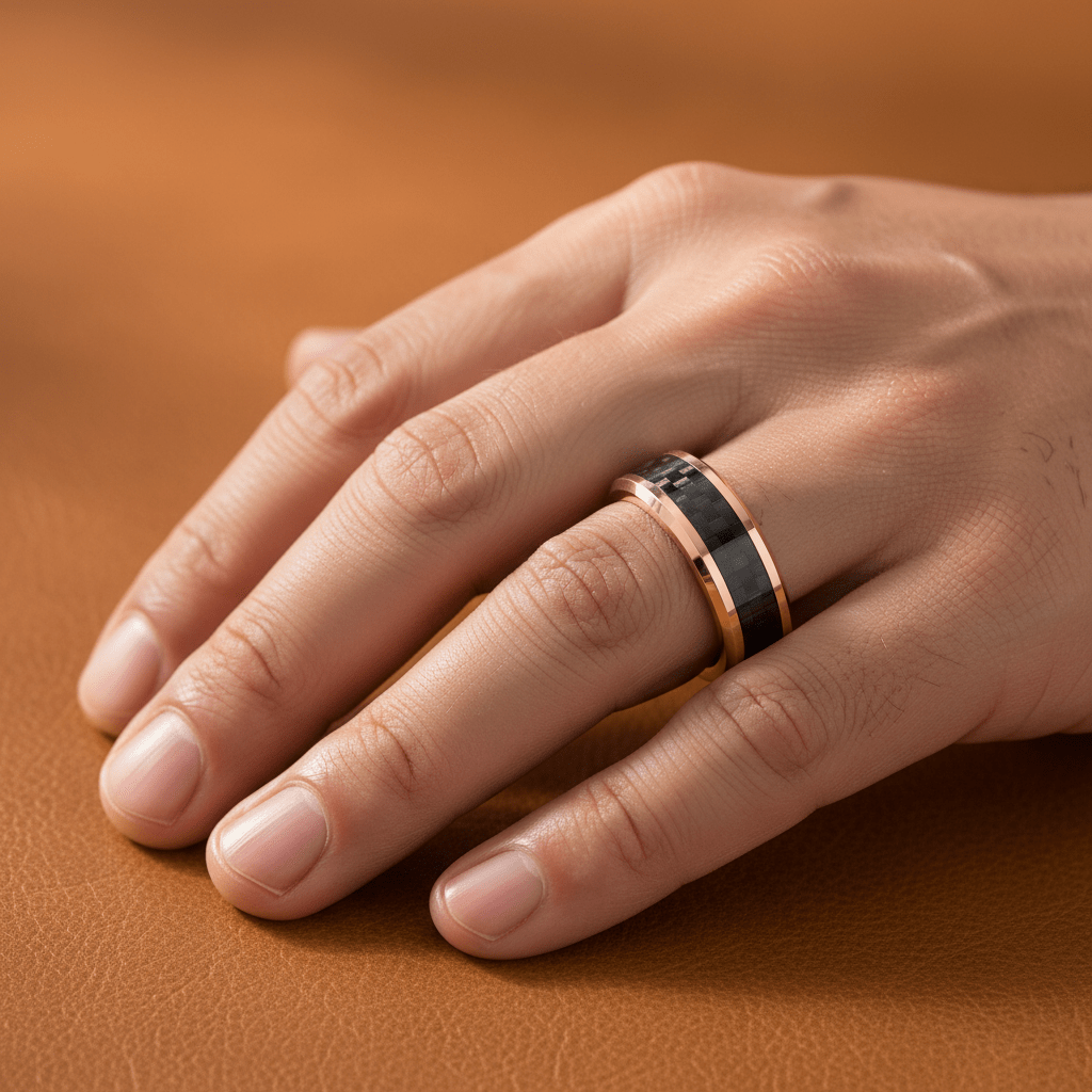 Black Carbon Fiber inlay 14k yellow gold wedding band 8mm, additional view 7