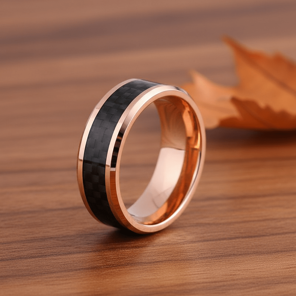 Black Carbon Fiber inlay 14k yellow gold wedding band 8mm, additional view 10