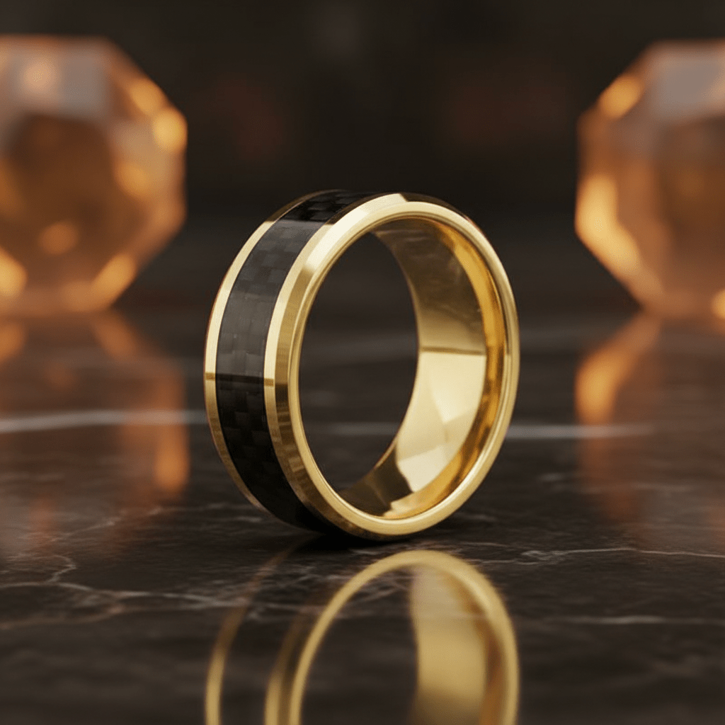 Black Carbon Fiber inlay 14k yellow gold wedding band 8mm, additional view 8
