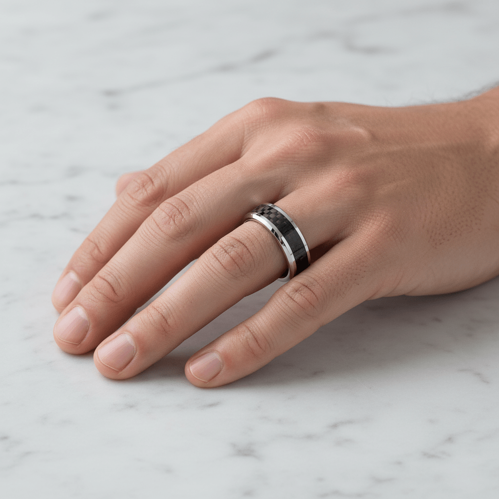 Black Carbon Fiber inlay 14k yellow gold wedding band 8mm, on the hand