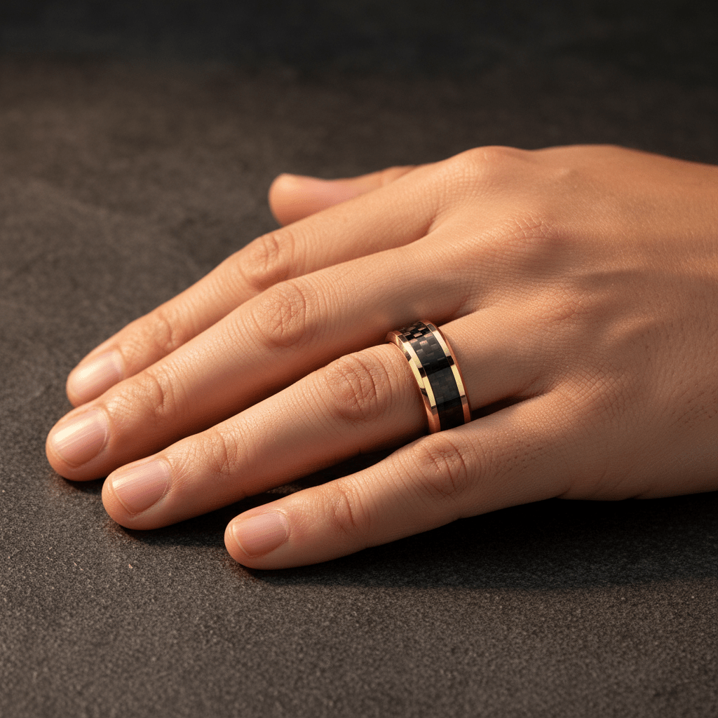 Black Carbon Fiber inlay 14k yellow gold wedding band 8mm, angled view