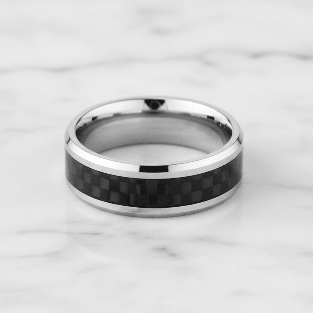 Black Carbon Fiber inlay 14k yellow gold wedding band 8mm, additional view 9