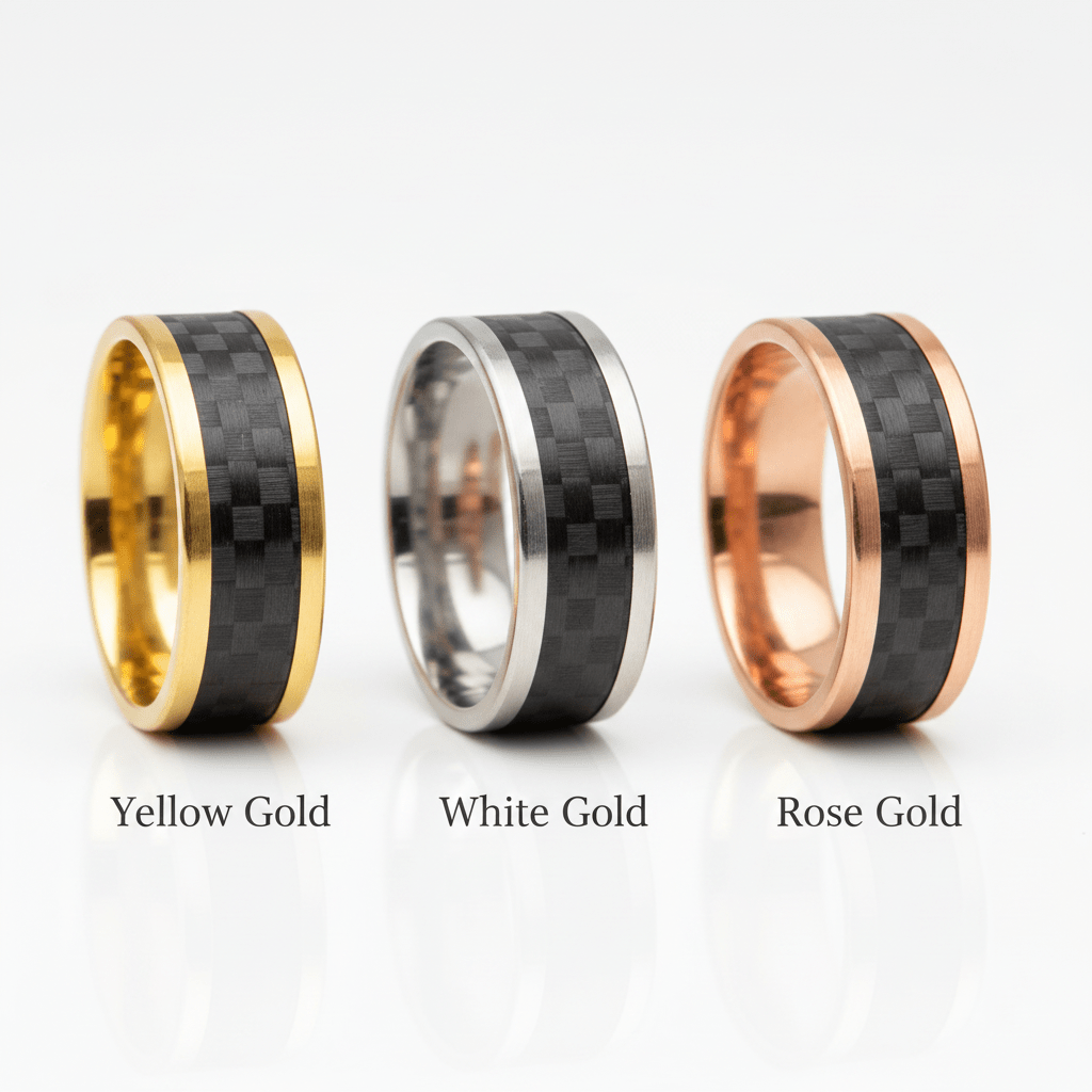 Black Carbon Fiber inlay 14k yellow gold wedding band 8mm, top view