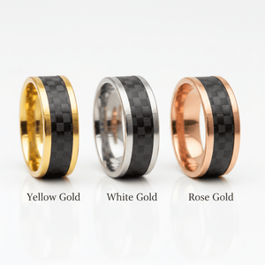Black Carbon Fiber inlay 14k yellow gold wedding band 8mm, top view