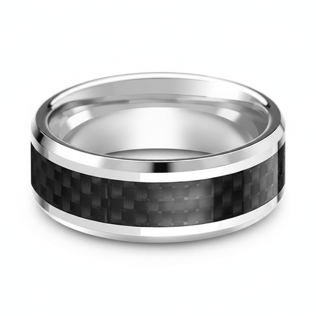 Black Carbon Fiber inlay 14k yellow gold wedding band 8mm, close-up of inlay