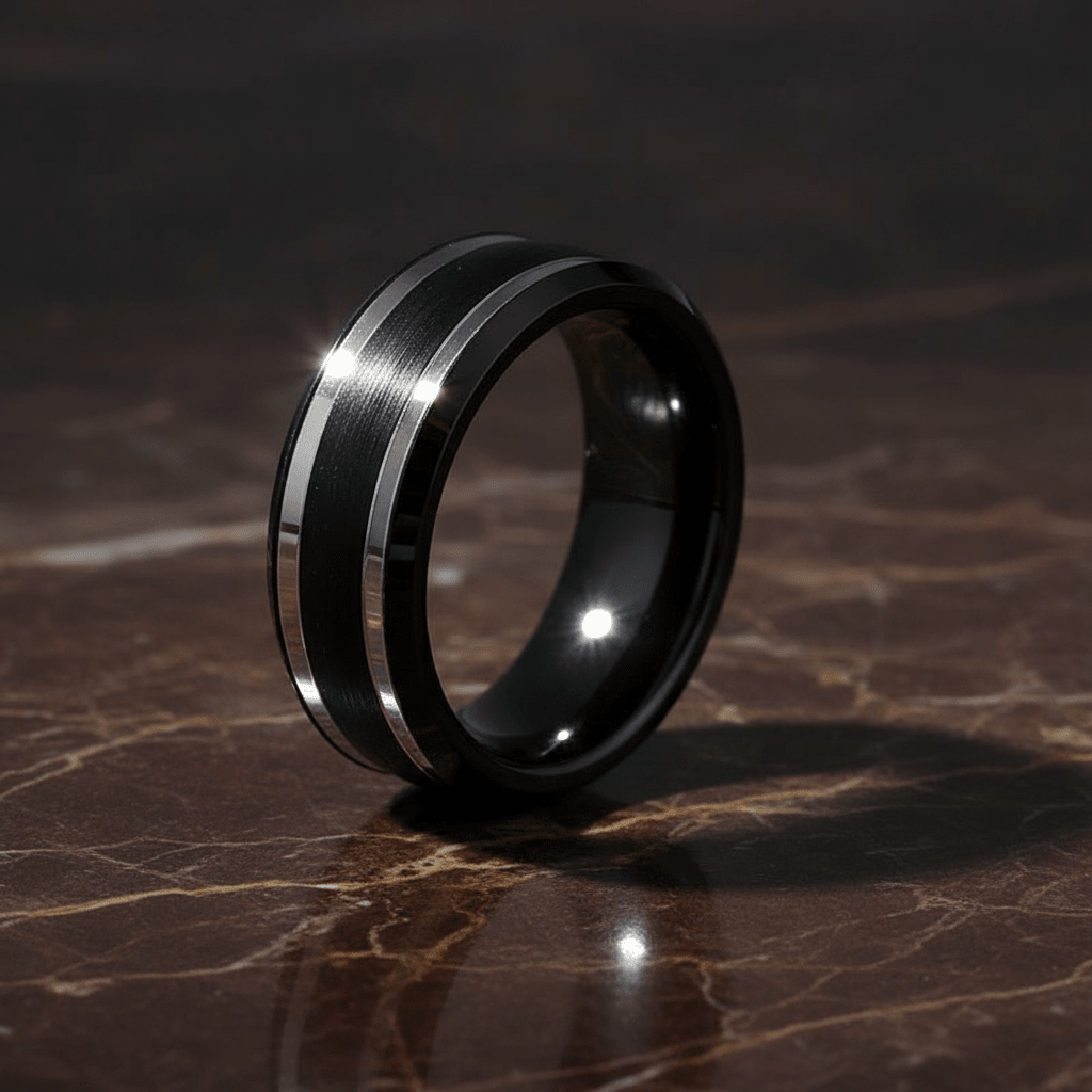 VELUTUS — detail view — men's tungsten carbide wedding ring | Aydins Jewelry