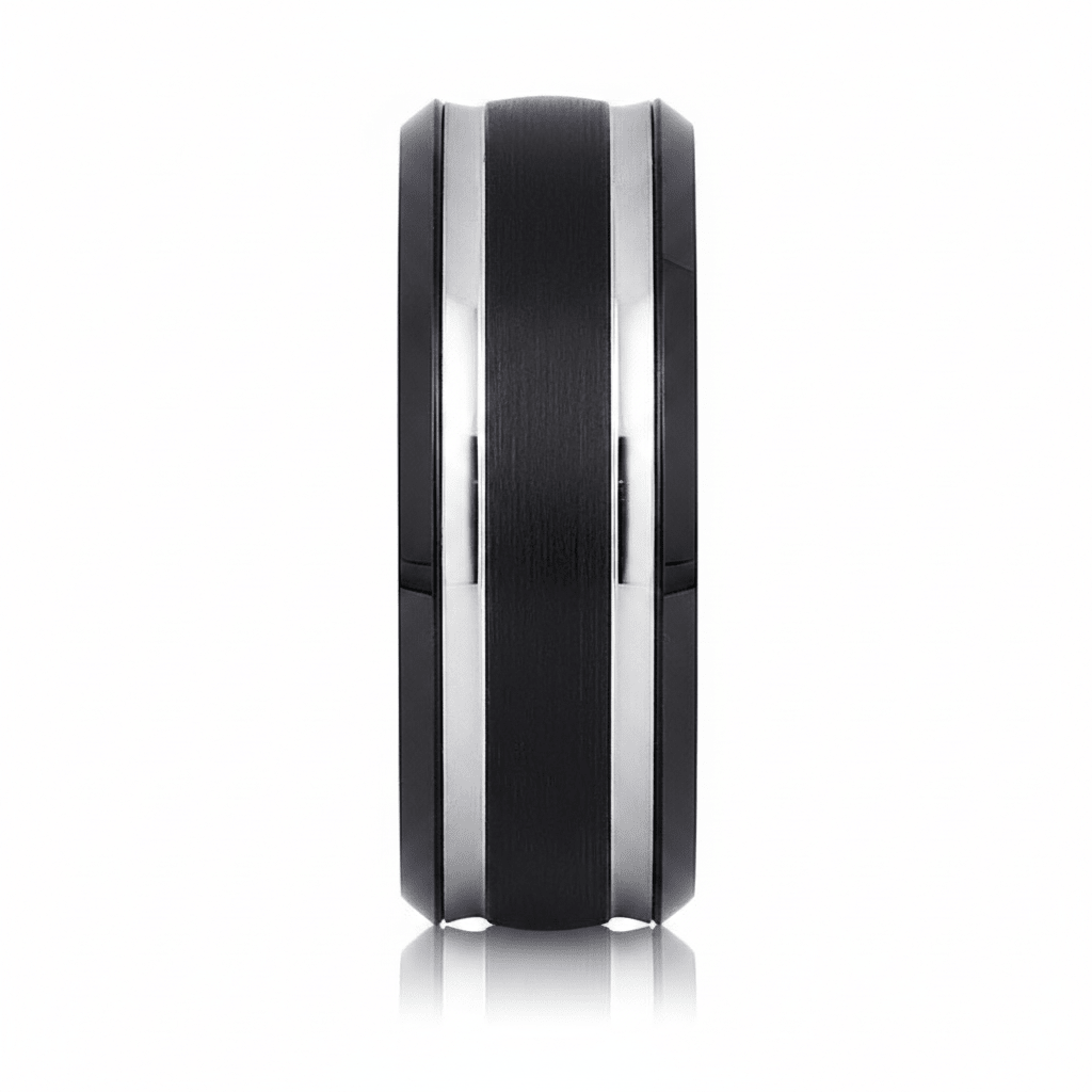 VELUTUS — angled view — men's tungsten carbide wedding ring | Aydins Jewelry