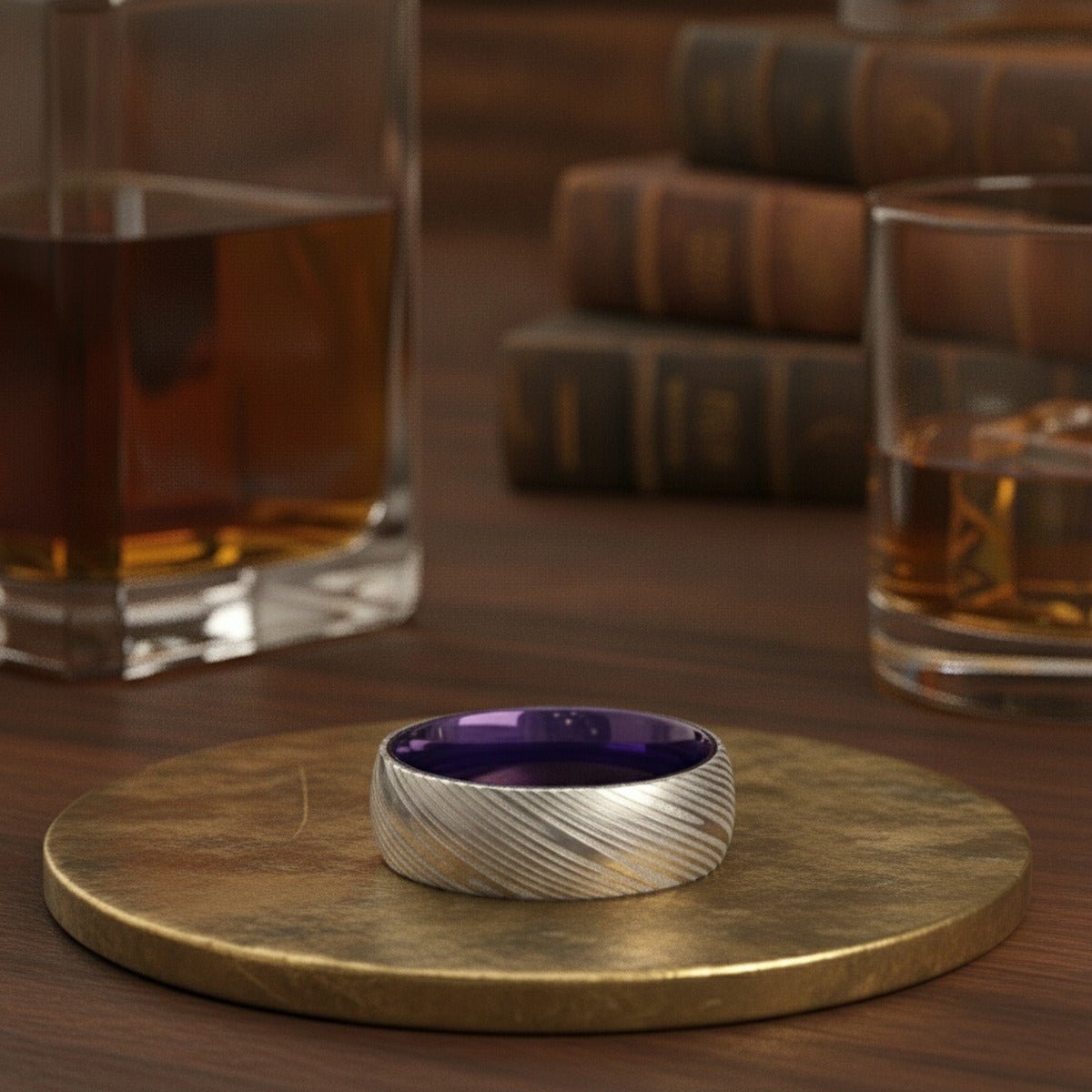 Aydins VERBENA | Purple Ring, Silver Damascus Steel, Domed lifestyle scene, whiskey decanter bar
