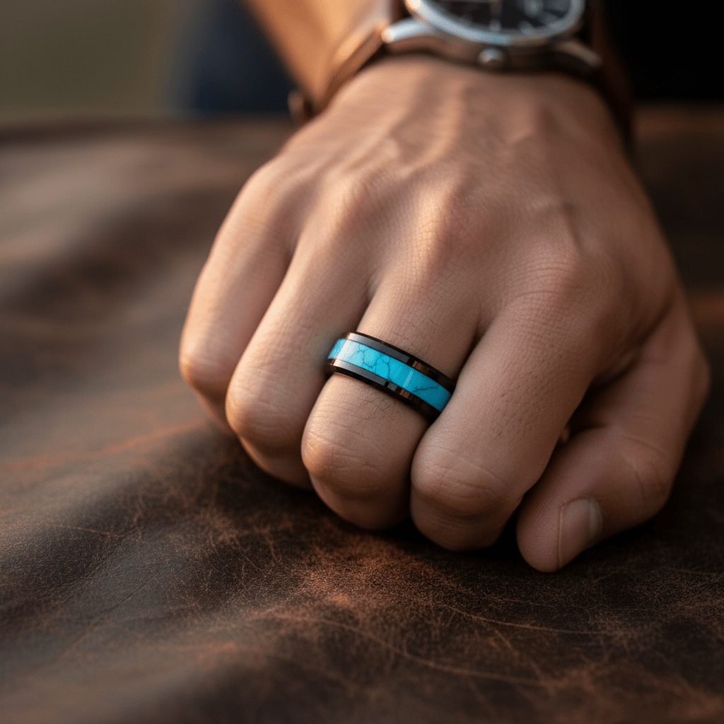 VERDEL — Lifestyle photo on hand — men's tungsten wedding ring.