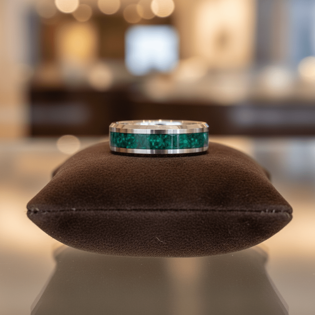 VERDORA — Premium boutique display on velvet — men's tungsten wedding ring.