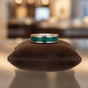 VERDORA — Premium boutique display on velvet — men's tungsten wedding ring.