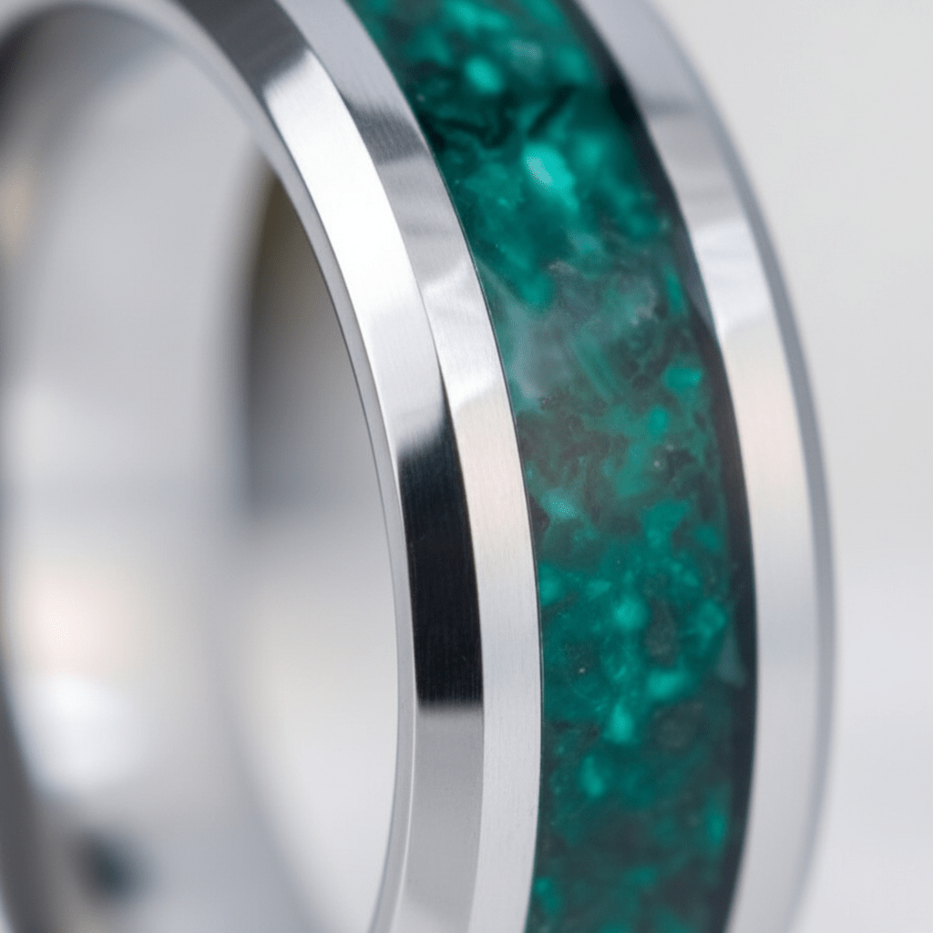 VERDORA — Extreme macro detail — men's tungsten wedding ring.