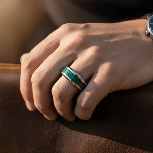 VERDORA — Lifestyle photo on hand — men's tungsten wedding ring.