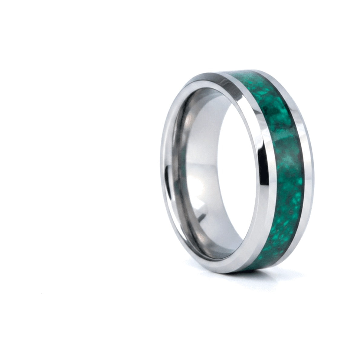 VERDORA silver tungsten wedding ring with green agate inlay and beveled edges - front view