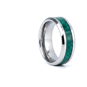 VERDORA silver tungsten wedding ring with green agate inlay and beveled edges - front view