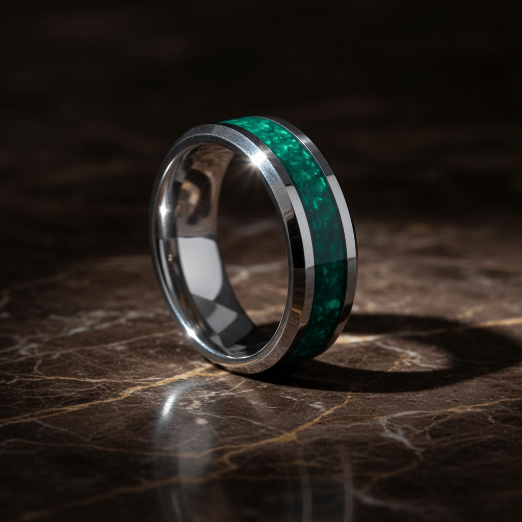 VERDORA — Luxury 3/4 angle on dark marble — men's tungsten wedding ring.