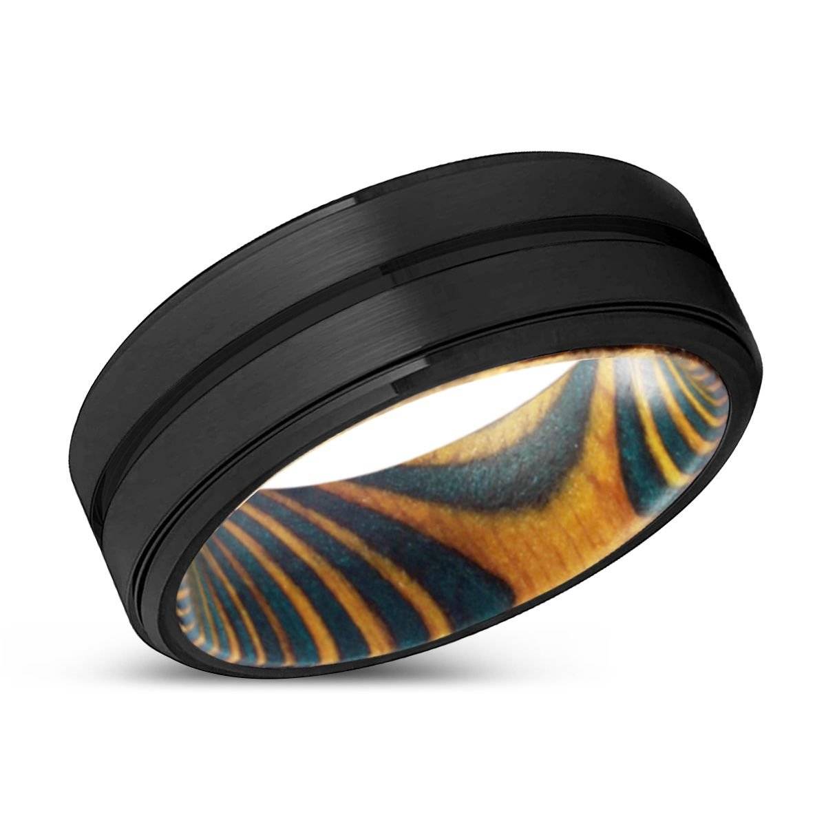BISHOP | Green & Yellow Wood, Black Tungsten Ring, Grooved, Stepped Edge - Rings - Aydins Jewelry - 2