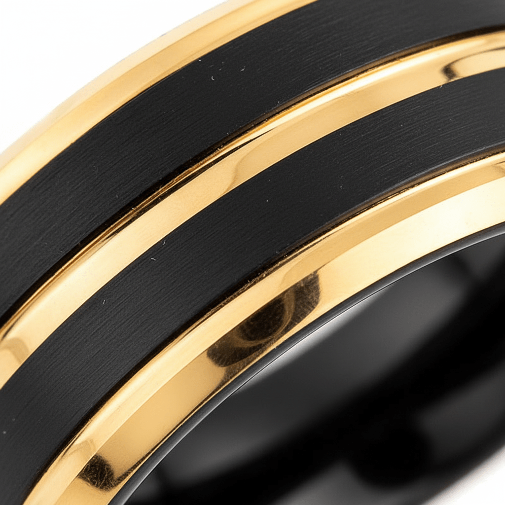 VERTEX — Extreme macro detail — men's tungsten wedding ring.