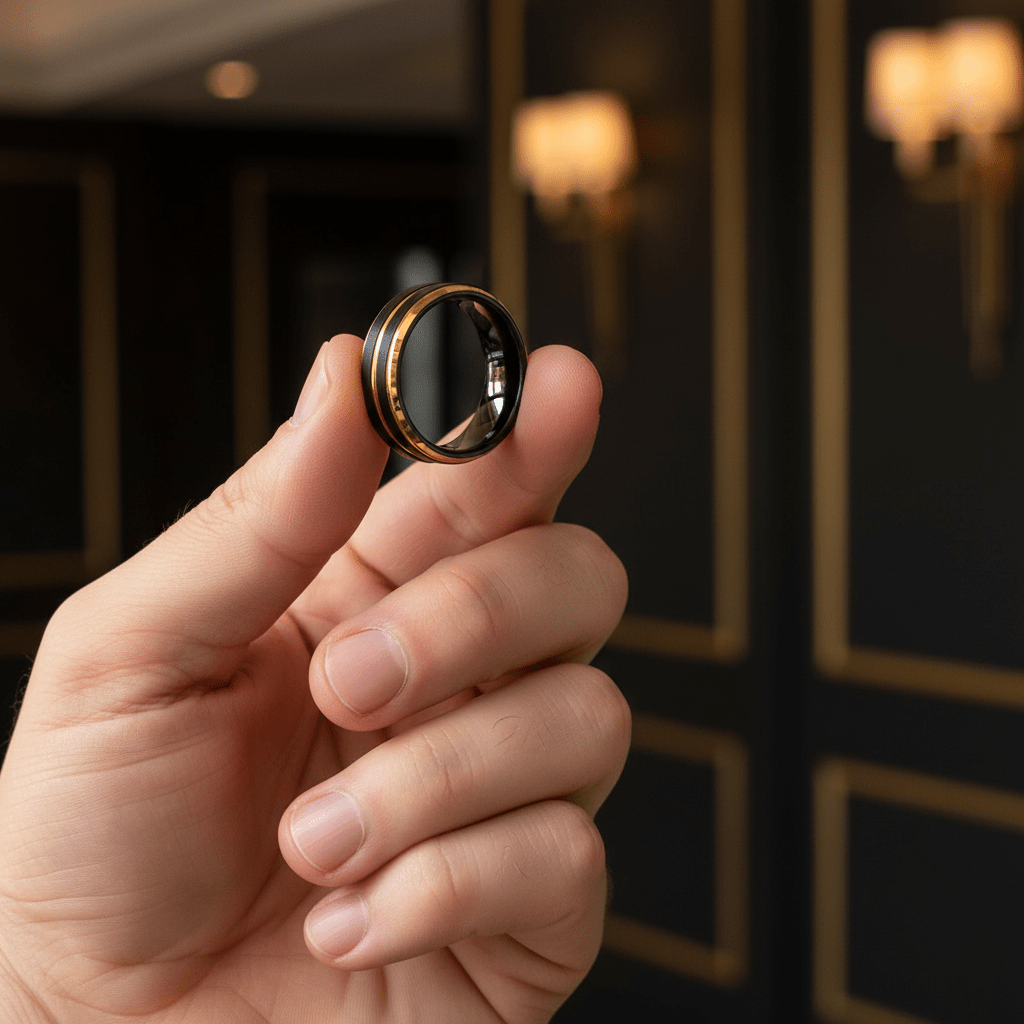 VERTEX — Held between fingers close-up — men's tungsten wedding ring.