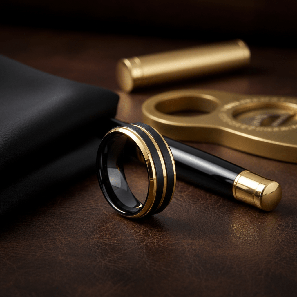 VERTEX — Editorial masculine still life — men's tungsten wedding ring.