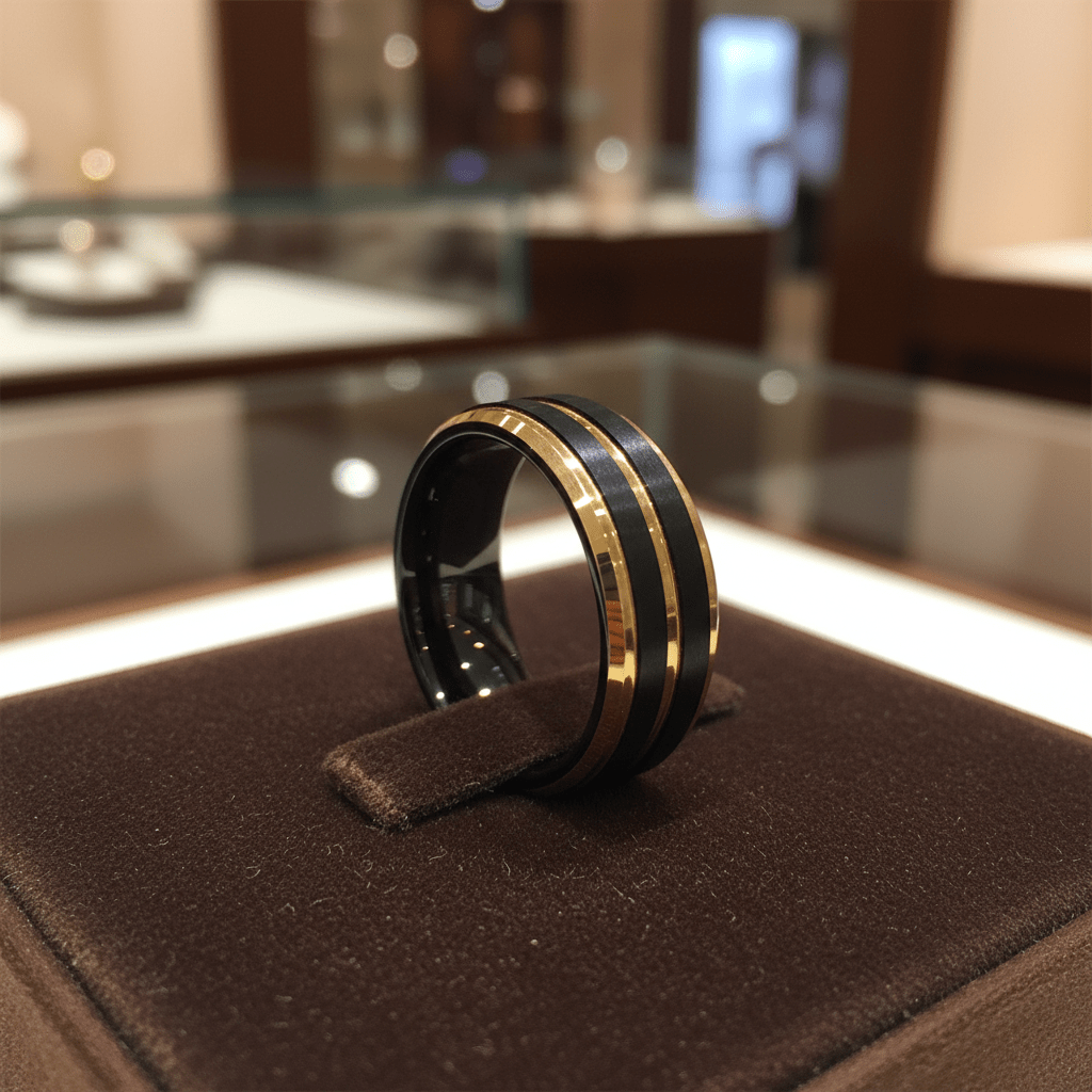 VERTEX — Premium boutique display on velvet — men's tungsten wedding ring.