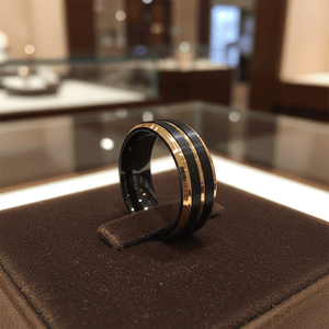 VERTEX — Premium boutique display on velvet — men's tungsten wedding ring.