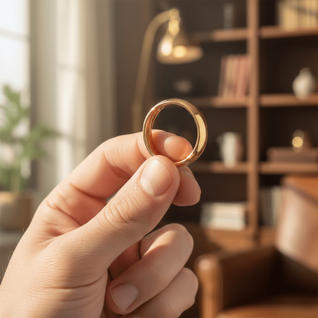 VIGILANT - Held between fingers close-up - men's tungsten wedding ring.