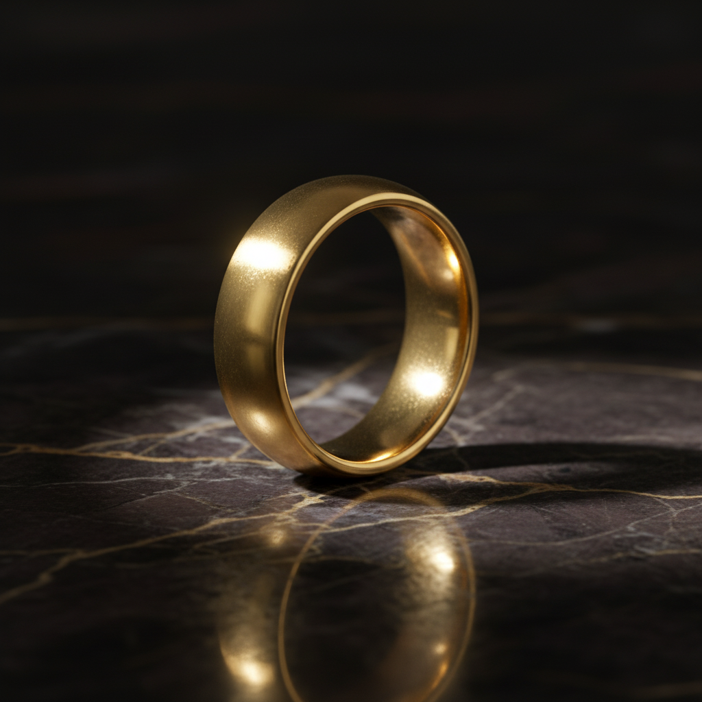 VIGILANT - Luxury 3/4 angle on dark marble - men's tungsten wedding ring.