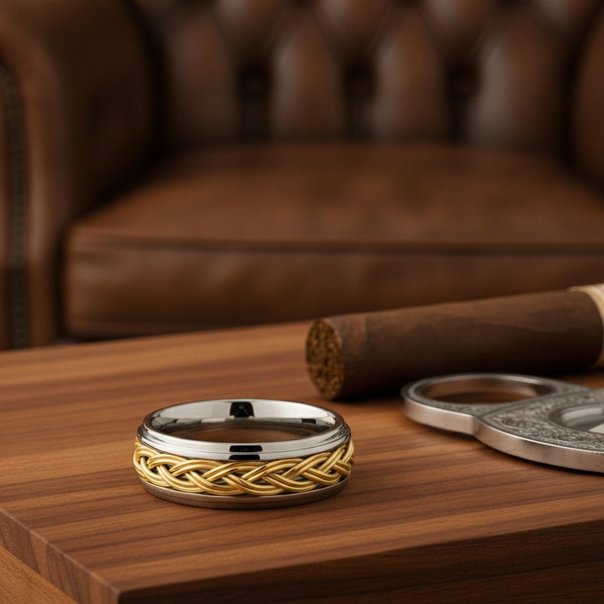 Aydins VIPER | Silver Tungsten Ring, Gold Braid, Domed lifestyle scene, cigar humidor