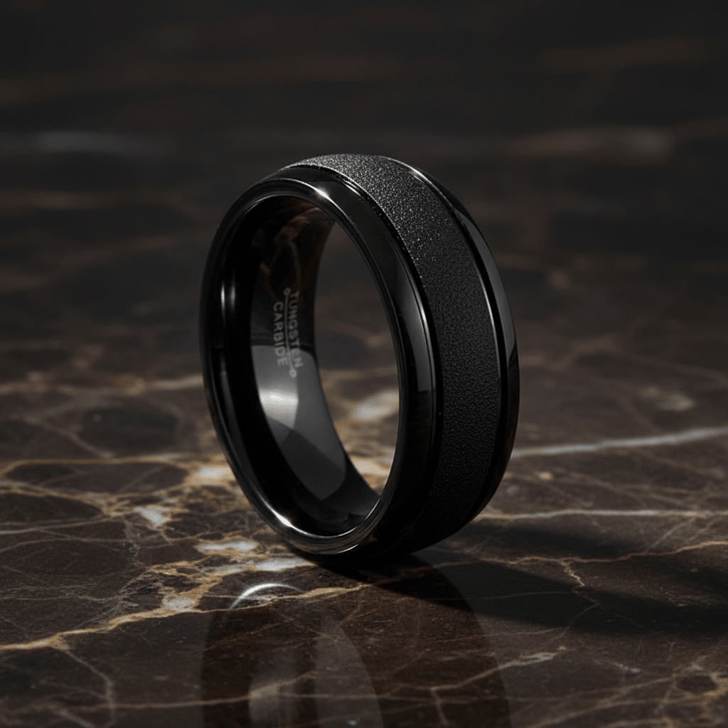 VORTEX — Luxury 3/4 angle on dark marble — men's tungsten wedding ring.