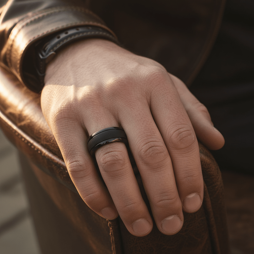 VORTEX — Lifestyle photo on hand — men's tungsten wedding ring.