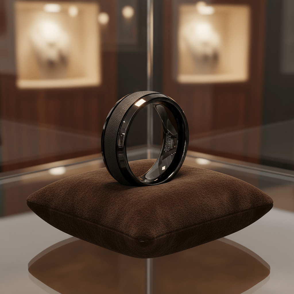 VORTEX — Premium boutique display on velvet — men's tungsten wedding ring.