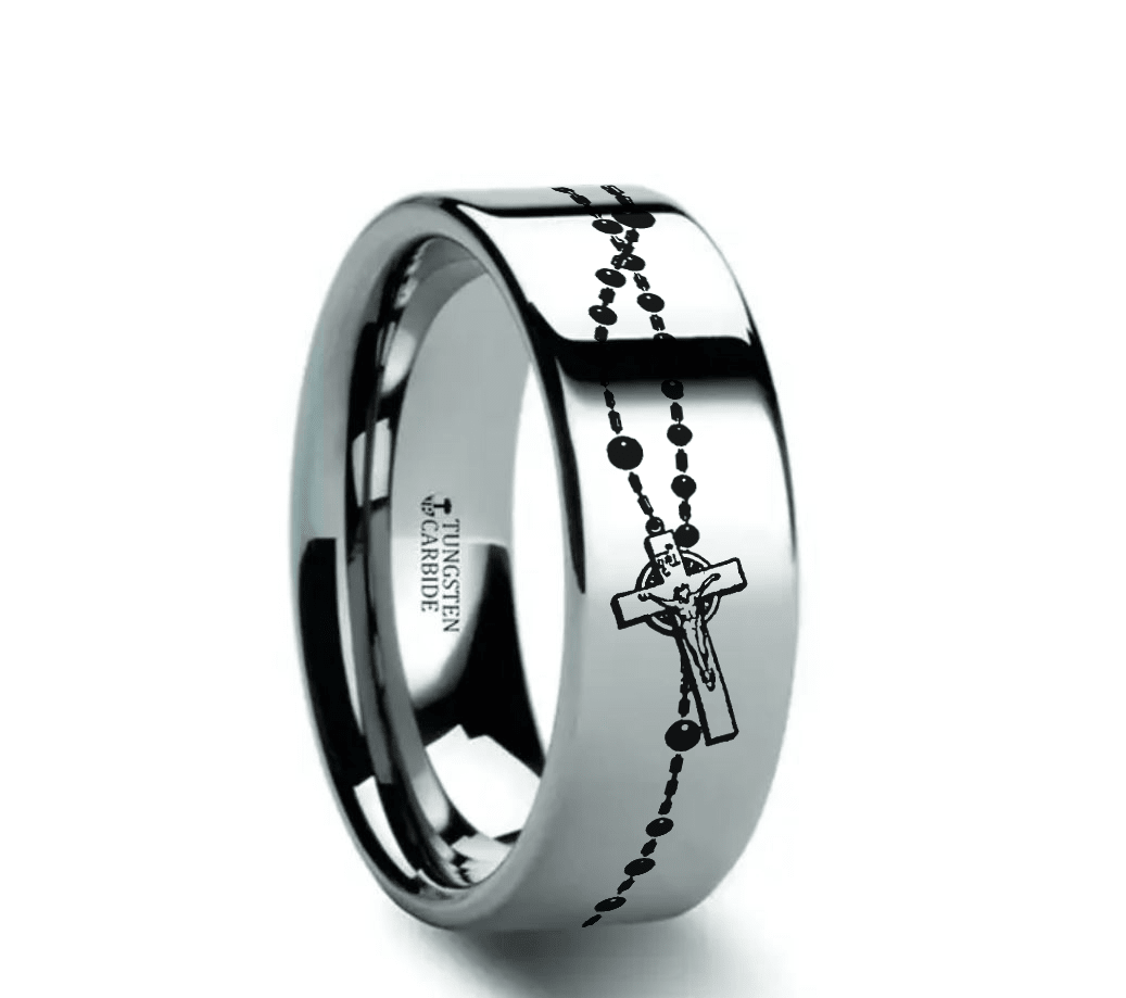 VOTIVE silver tungsten ring with rosary beads and crosses laser-engraved around the band – Aydins Jewelry